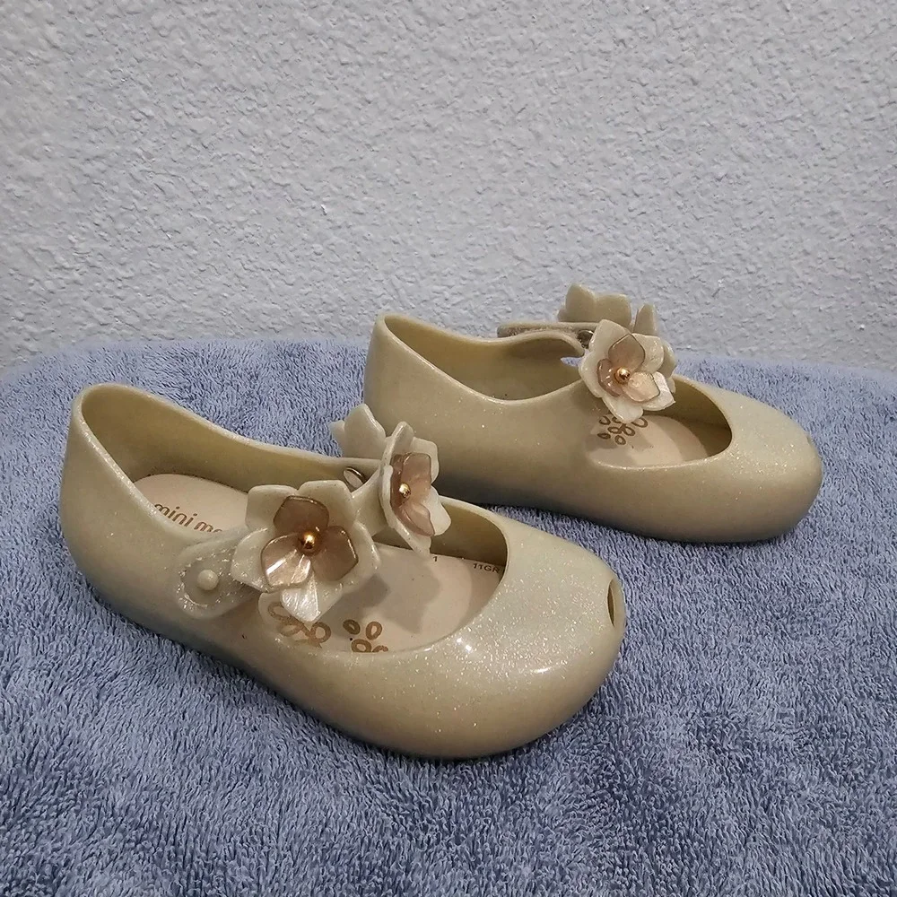 Mini Melissa Ultragirl Flower Glitter Jelly Shoes Gold Mary Jane Toddler Size 7